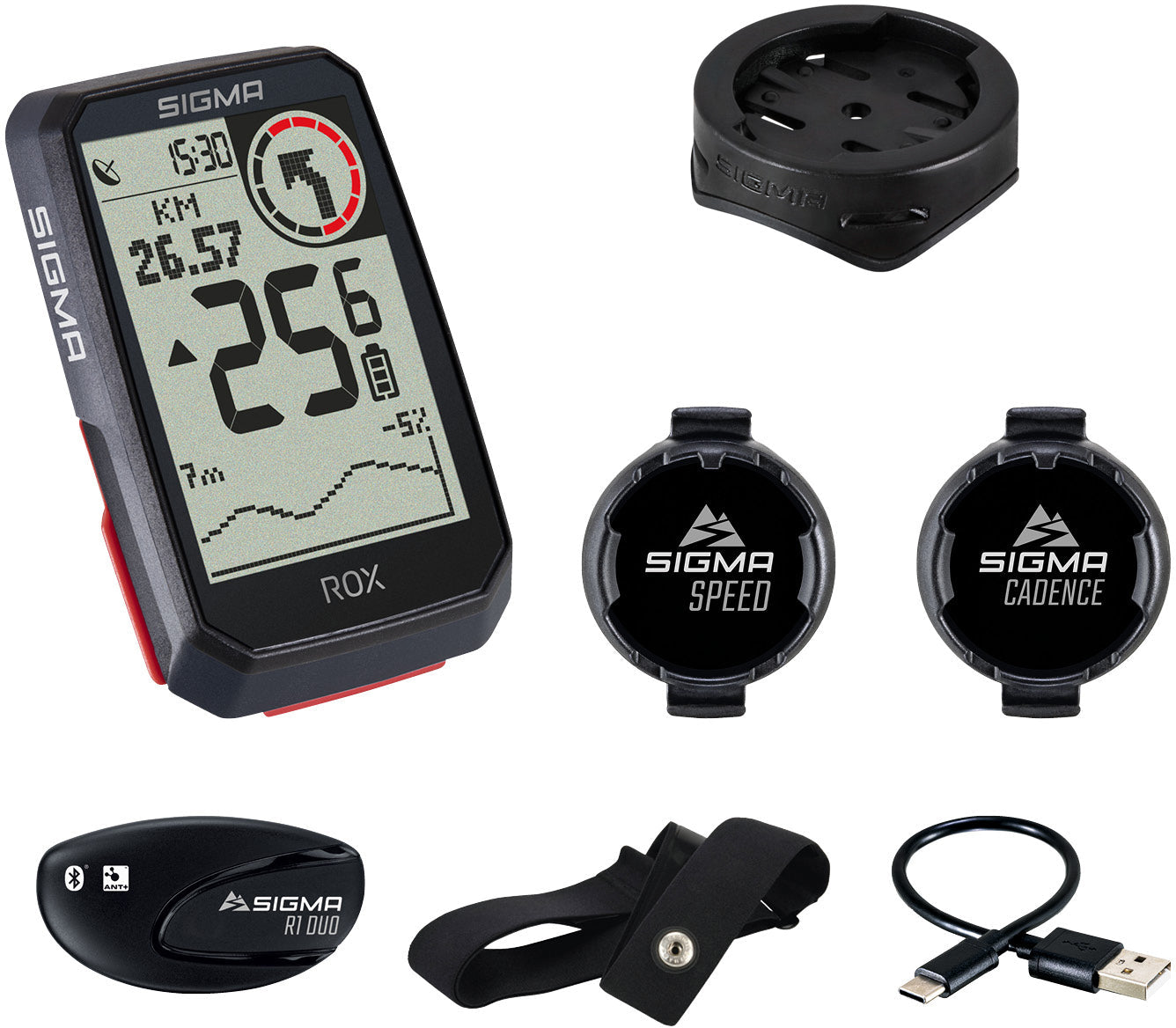 Sigma ROX 4.0 fietskomputerset incl. stuurpenhouder + hartslagband + snelheid/trapfrequentiesensor zwart