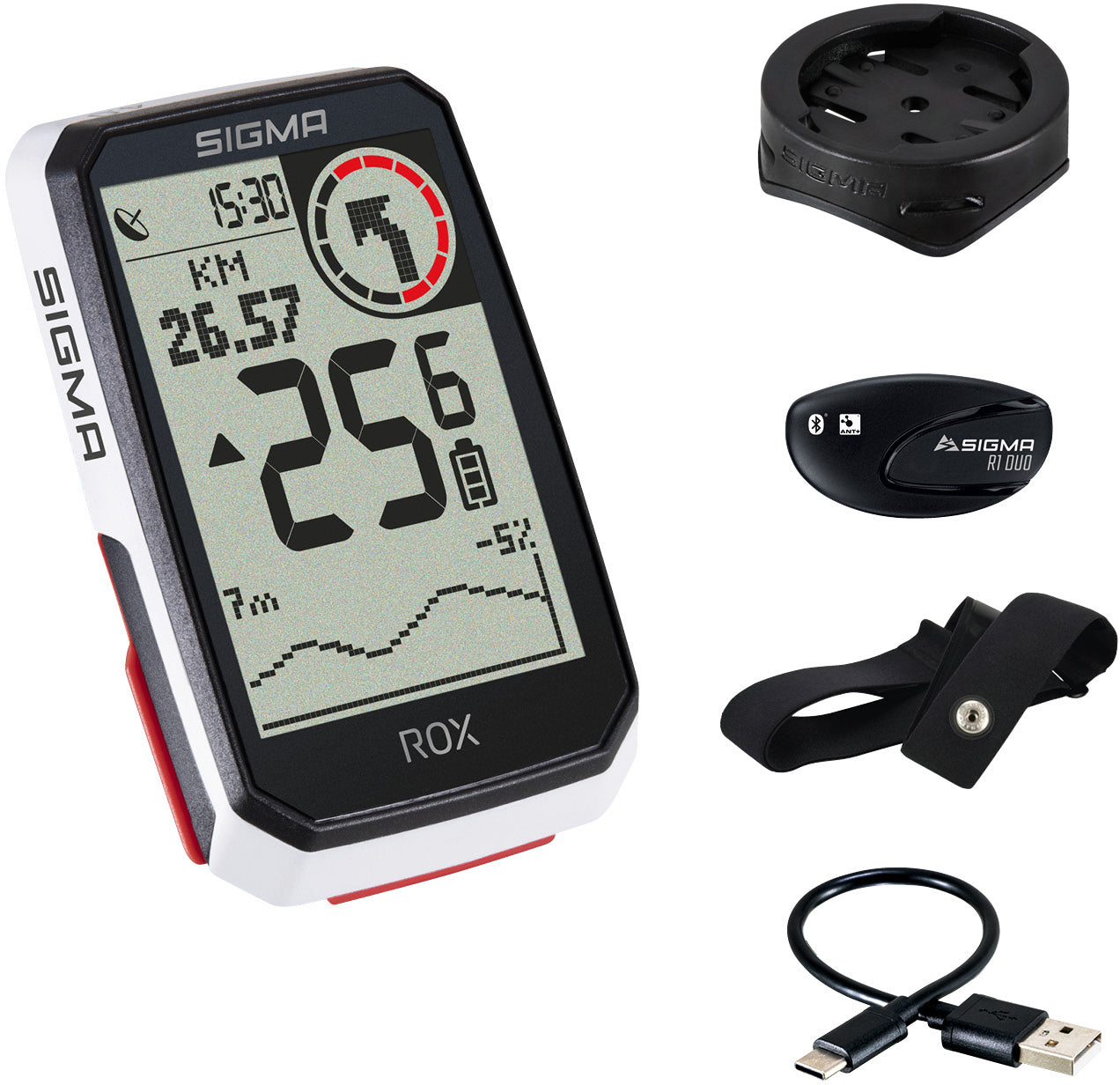 Sigma ROX 4.0 fietscomputer set incl. stuurpenhouder + hartslagband wit