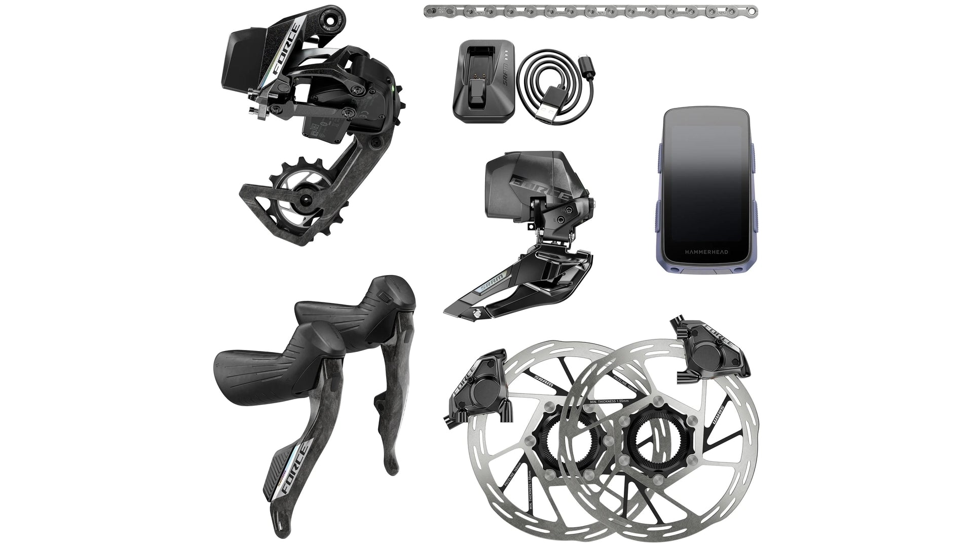 SRAM Force AXS 2X E1 Electr HRD Groep 2-speed, zonder crank, hydraulisch, 36T derailleur incl. 160mm SCHIJF, Flatmount, Hammerhead